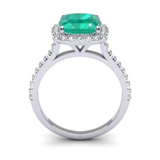 2 1/2 Carat Cushion Cut Emerald and Halo Diamond Ring In 14K White Gold