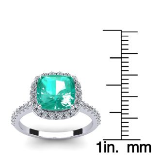 2 1/2 Carat Cushion Cut Emerald and Halo Diamond Ring In 14K White Gold