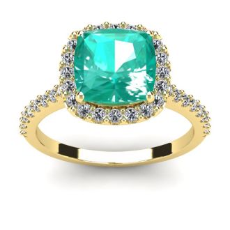 2 1/2 Carat Cushion Cut Emerald and Halo Diamond Ring In 14K Yellow Gold