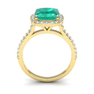 2 1/2 Carat Cushion Cut Emerald and Halo Diamond Ring In 14K Yellow Gold