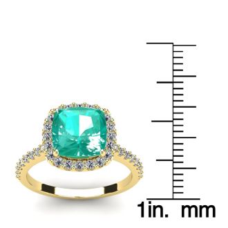 2 1/2 Carat Cushion Cut Emerald and Halo Diamond Ring In 14K Yellow Gold