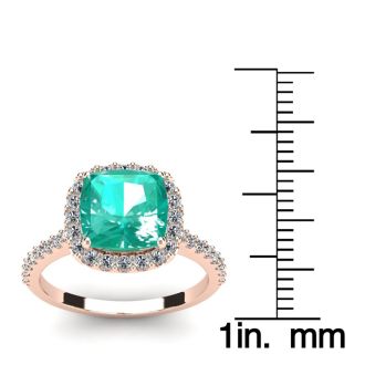 2 1/2 Carat Cushion Cut Emerald and Halo Diamond Ring In 14K Rose Gold
