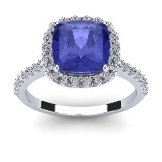 3 Carat Cushion Cut Tanzanite and Halo Diamond Ring In 14K White Gold

