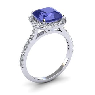 3 Carat Cushion Cut Tanzanite and Halo Diamond Ring In 14K White Gold

