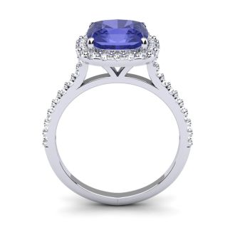 3 Carat Cushion Cut Tanzanite and Halo Diamond Ring In 14K White Gold
