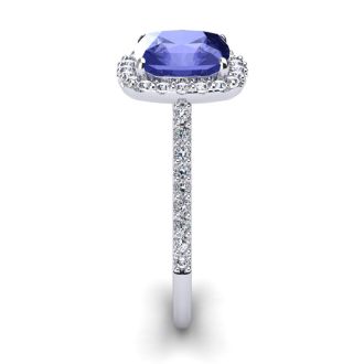 3 Carat Cushion Cut Tanzanite and Halo Diamond Ring In 14K White Gold
