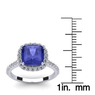 3 Carat Cushion Cut Tanzanite and Halo Diamond Ring In 14K White Gold
