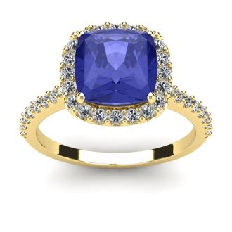 3 Carat Cushion Cut Tanzanite and Halo Diamond Ring In 14K Yellow Gold
