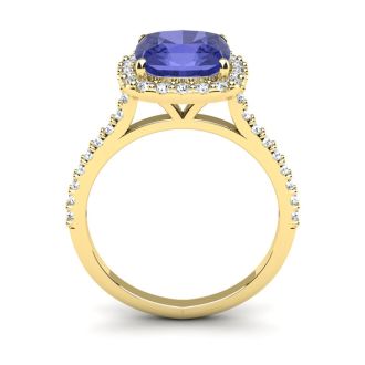 3 Carat Cushion Cut Tanzanite and Halo Diamond Ring In 14K Yellow Gold
