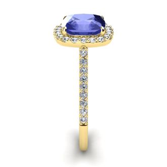 3 Carat Cushion Cut Tanzanite and Halo Diamond Ring In 14K Yellow Gold
