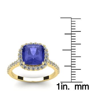 3 Carat Cushion Cut Tanzanite and Halo Diamond Ring In 14K Yellow Gold
