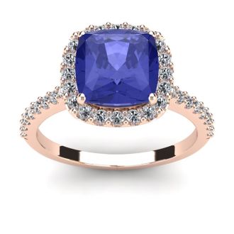 3 Carat Cushion Cut Tanzanite and Halo Diamond Ring In 14K Rose Gold
