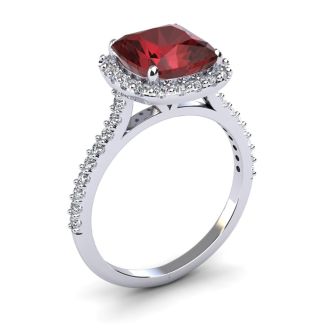 Garnet Ring: Garnet Jewelry: 3 3/4 Carat Cushion Cut Garnet and Halo Diamond Ring In 14K White Gold
