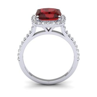 Garnet Ring: Garnet Jewelry: 3 3/4 Carat Cushion Cut Garnet and Halo Diamond Ring In 14K White Gold
