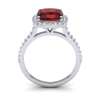 Garnet Ring: Garnet Jewelry: 3 3/4 Carat Cushion Cut Garnet and Halo Diamond Ring In 14K White Gold
