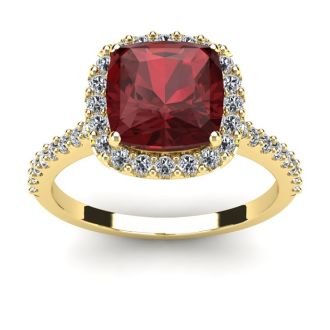 Garnet Ring: Garnet Jewelry: 3 3/4 Carat Cushion Cut Garnet and Halo Diamond Ring In 14K Yellow Gold
