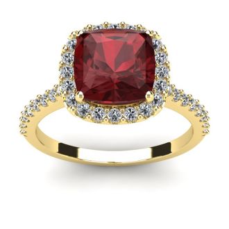 Garnet Ring: Garnet Jewelry: 3 3/4 Carat Cushion Cut Garnet and Halo Diamond Ring In 14K Yellow Gold
