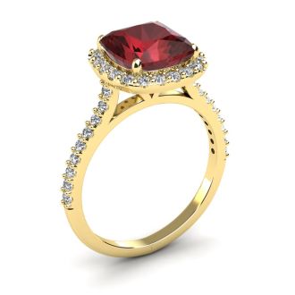 Garnet Ring: Garnet Jewelry: 3 3/4 Carat Cushion Cut Garnet and Halo Diamond Ring In 14K Yellow Gold

