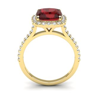 Garnet Ring: Garnet Jewelry: 3 3/4 Carat Cushion Cut Garnet and Halo Diamond Ring In 14K Yellow Gold
