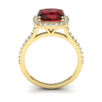 Garnet Ring: Garnet Jewelry: 3 3/4 Carat Cushion Cut Garnet and Halo Diamond Ring In 14K Yellow Gold
