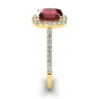 Garnet Ring: Garnet Jewelry: 3 3/4 Carat Cushion Cut Garnet and Halo Diamond Ring In 14K Yellow Gold
