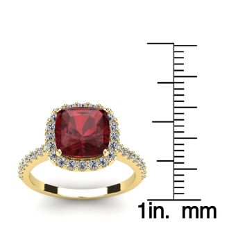 Garnet Ring: Garnet Jewelry: 3 3/4 Carat Cushion Cut Garnet and Halo Diamond Ring In 14K Yellow Gold
