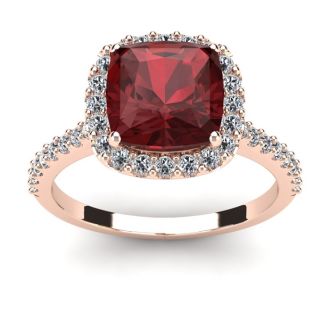 Garnet Ring: Garnet Jewelry: 3 3/4 Carat Cushion Cut Garnet and Halo Diamond Ring In 14K Rose Gold