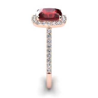 Garnet Ring: Garnet Jewelry: 3 3/4 Carat Cushion Cut Garnet and Halo Diamond Ring In 14K Rose Gold