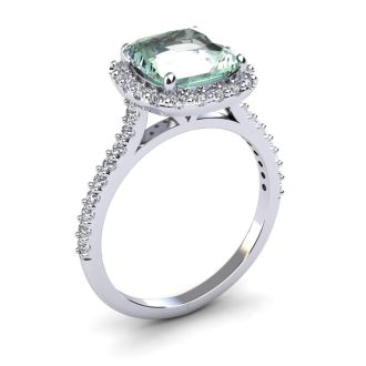 2 1/2 Carat Cushion Cut Green Amethyst and Halo Diamond Ring In 14K White Gold