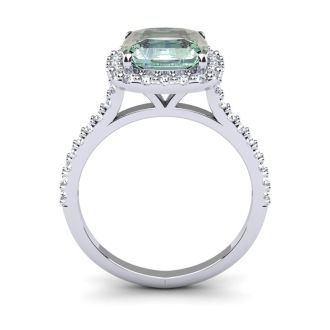 2 1/2 Carat Cushion Cut Green Amethyst and Halo Diamond Ring In 14K White Gold