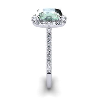 2 1/2 Carat Cushion Cut Green Amethyst and Halo Diamond Ring In 14K White Gold