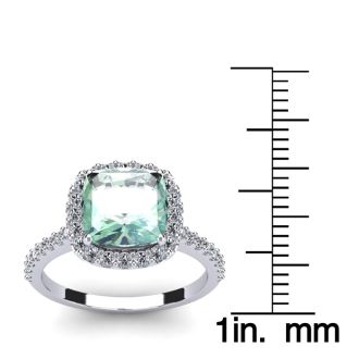 2 1/2 Carat Cushion Cut Green Amethyst and Halo Diamond Ring In 14K White Gold
