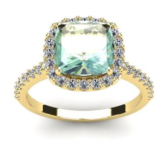 2 1/2 Carat Cushion Cut Green Amethyst and Halo Diamond Ring In 14K Yellow Gold