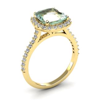 2 1/2 Carat Cushion Cut Green Amethyst and Halo Diamond Ring In 14K Yellow Gold