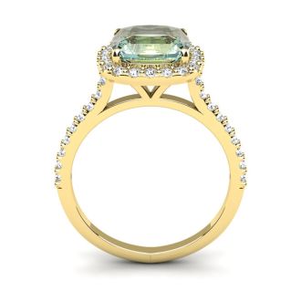 2 1/2 Carat Cushion Cut Green Amethyst and Halo Diamond Ring In 14K Yellow Gold