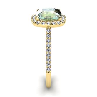 2 1/2 Carat Cushion Cut Green Amethyst and Halo Diamond Ring In 14K Yellow Gold
