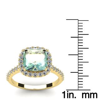 2 1/2 Carat Cushion Cut Green Amethyst and Halo Diamond Ring In 14K Yellow Gold