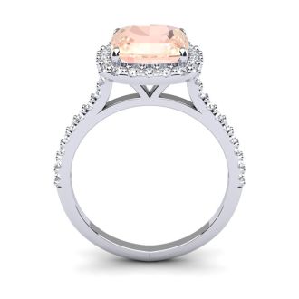 3-1/2 Carat Cushion Cut Morganite and Halo Diamond Ring In 14K White Gold