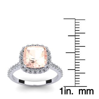 3-1/2 Carat Cushion Cut Morganite and Halo Diamond Ring In 14K White Gold