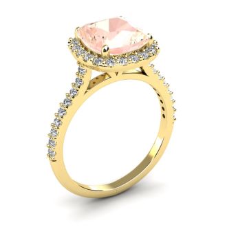 3-1/2 Carat Cushion Cut Morganite and Halo Diamond Ring In 14K Yellow Gold