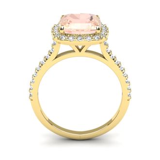 3-1/2 Carat Cushion Cut Morganite and Halo Diamond Ring In 14K Yellow Gold