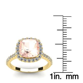 3-1/2 Carat Cushion Cut Morganite and Halo Diamond Ring In 14K Yellow Gold
