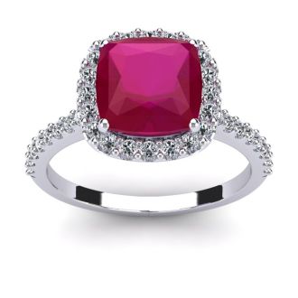 3 1/2 Carat Cushion Cut Ruby and Halo Diamond Ring In 14K White Gold
