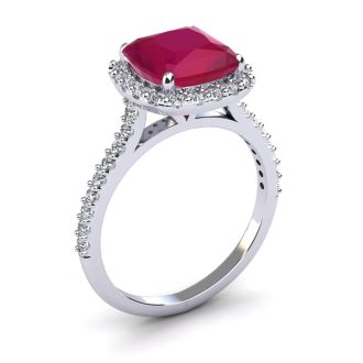 3 1/2 Carat Cushion Cut Ruby and Halo Diamond Ring In 14K White Gold