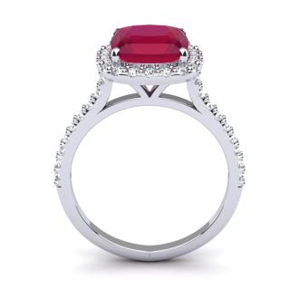 3 1/2 Carat Cushion Cut Ruby and Halo Diamond Ring In 14K White Gold