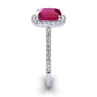 3 1/2 Carat Cushion Cut Ruby and Halo Diamond Ring In 14K White Gold