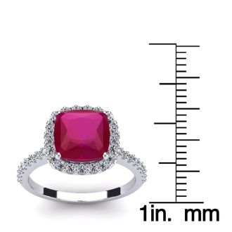 3 1/2 Carat Cushion Cut Ruby and Halo Diamond Ring In 14K White Gold