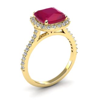 3 1/2 Carat Cushion Cut Ruby and Halo Diamond Ring In 14K Yellow Gold