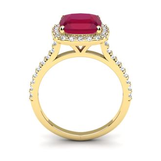 3 1/2 Carat Cushion Cut Ruby and Halo Diamond Ring In 14K Yellow Gold