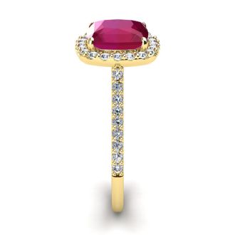 3 1/2 Carat Cushion Cut Ruby and Halo Diamond Ring In 14K Yellow Gold